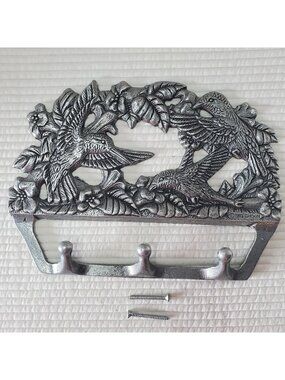 Carson Pewter Key Holder Rack Hummingbirds 3 Pegs 90s Vintage Wall Mounted Decor